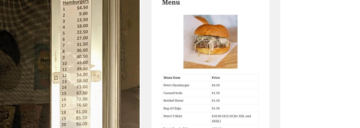 Pete's Hamburger Stand Menu
