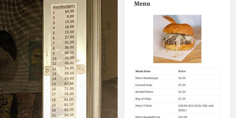 Pete's Hamburger Stand Menu
