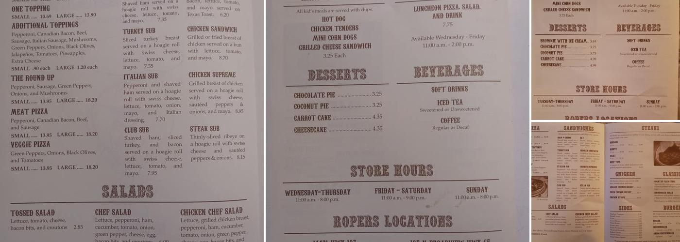 Roper's Restaurant Menu