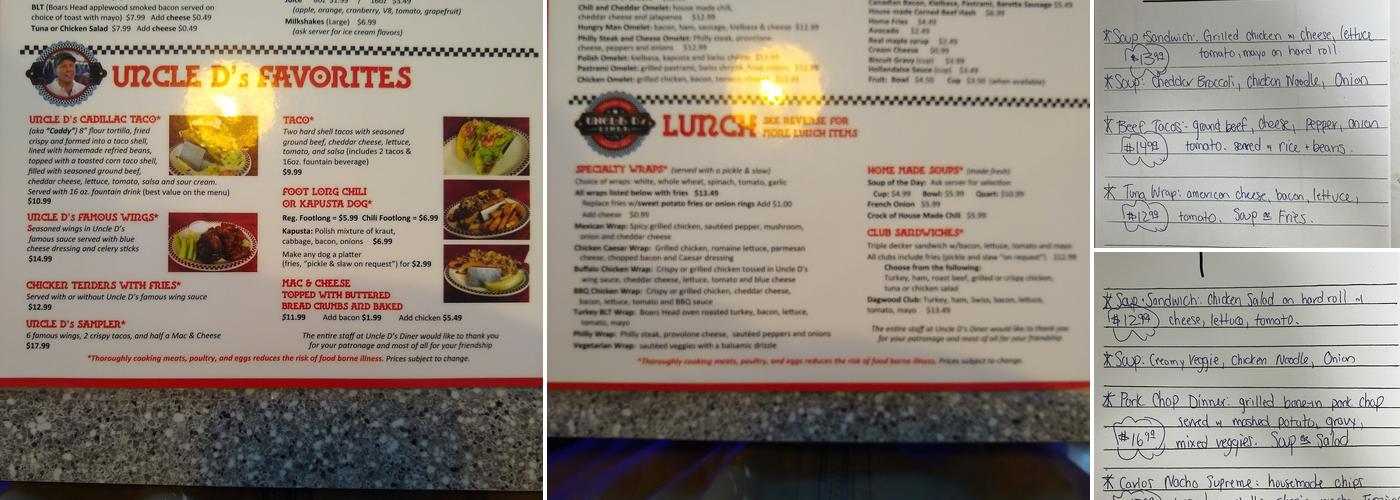 Uncle D's Diner Menu