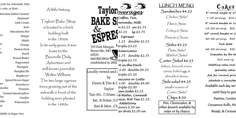 Taylor's Bake Shop Inc Menu