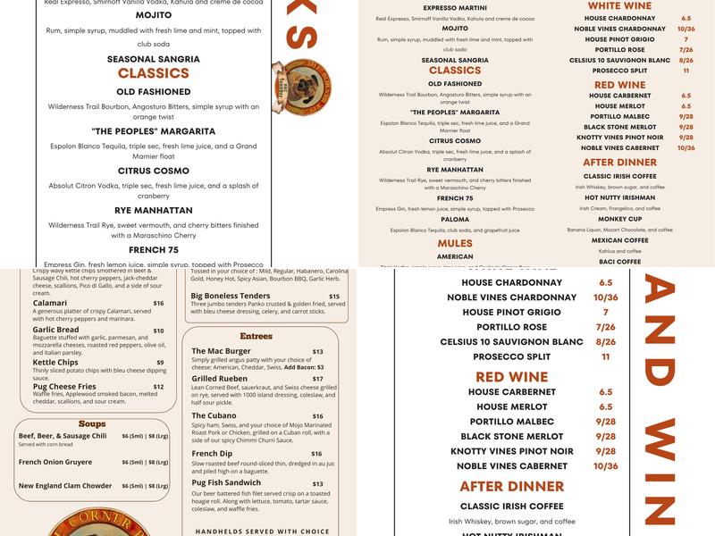 The Corner Pug Menu