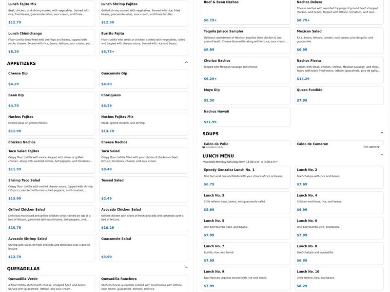 Tequila Jalisco Mexican Restaurant Menu