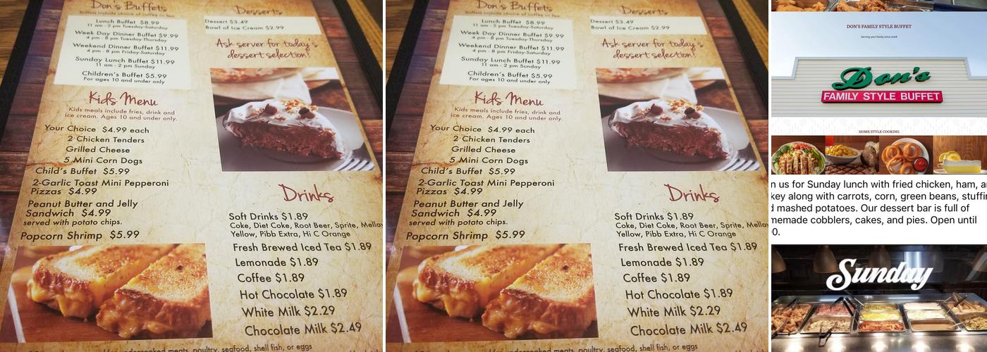 Don's Family Style Buffet Menu
