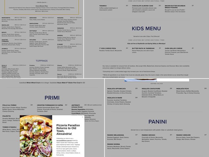 Pizzeria Paradiso Menu