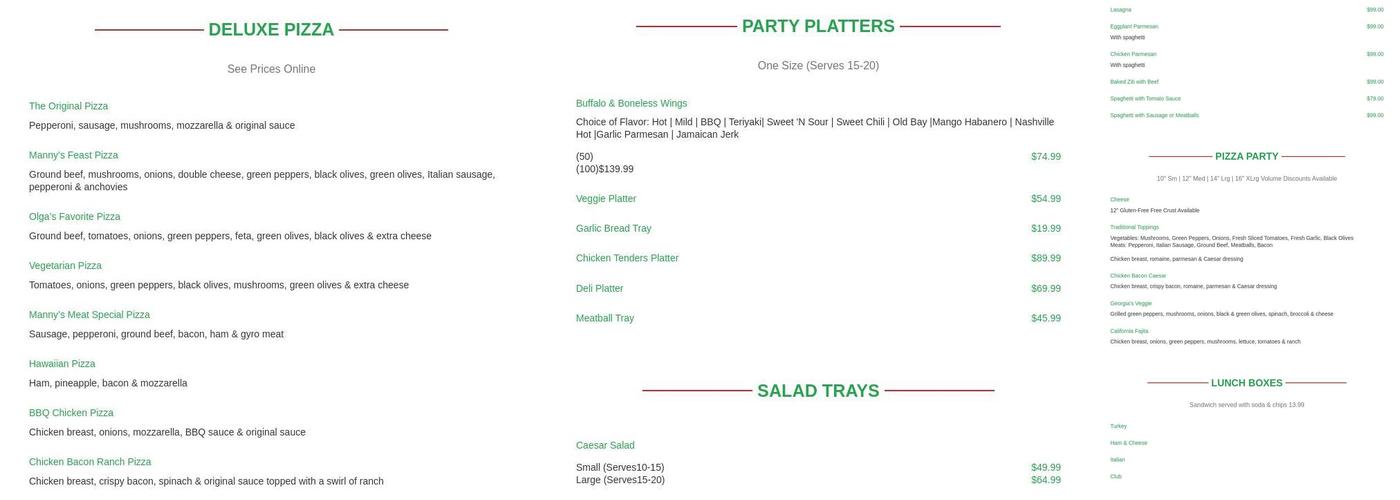 Manny & Olga's Pizza Menu