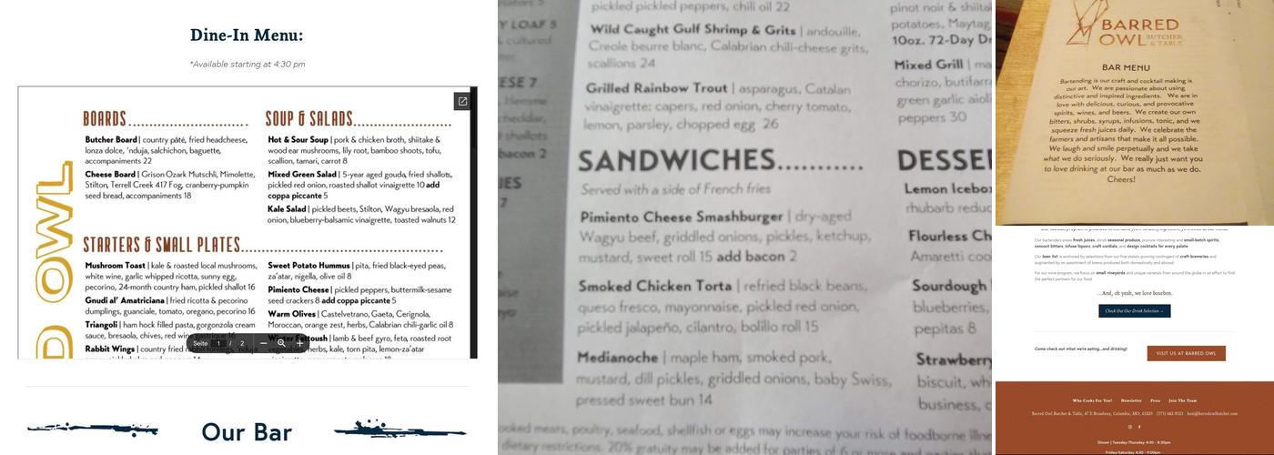 Barred Owl Butcher & Table Menu