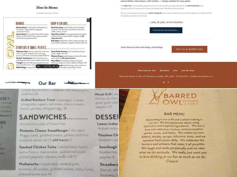 Barred Owl Butcher & Table Menu