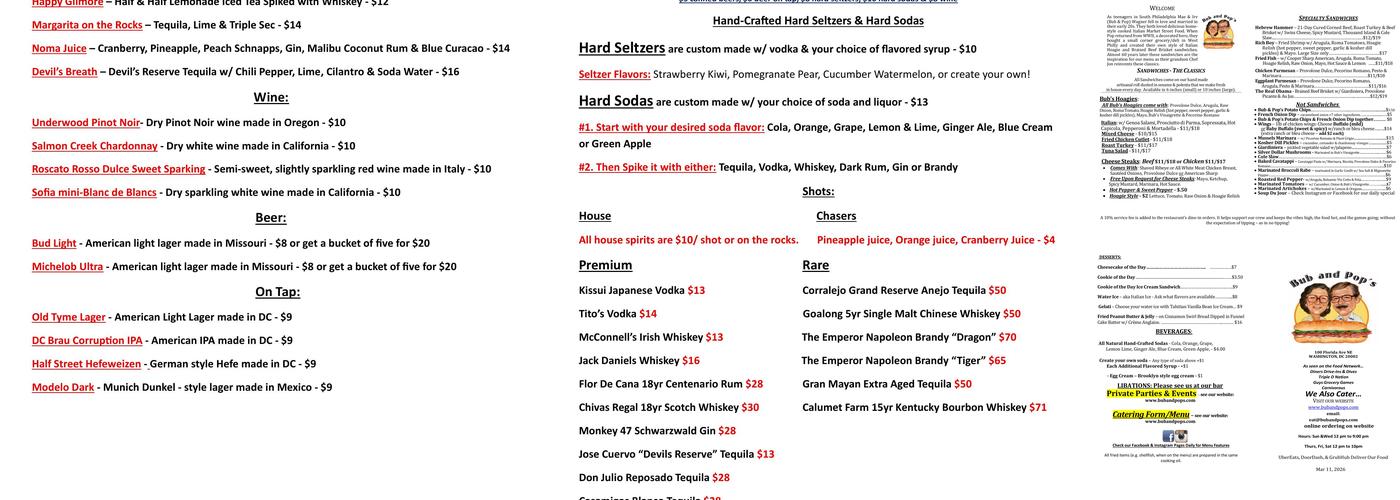 Bub and Pop's Menu