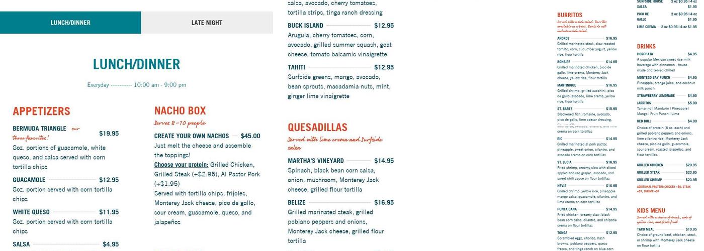 Surfside Menu