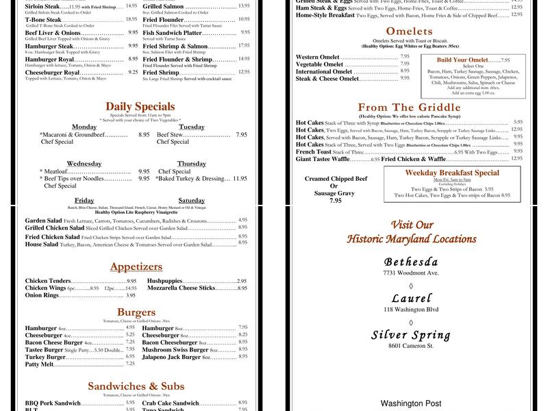 Tastee Diner Menu