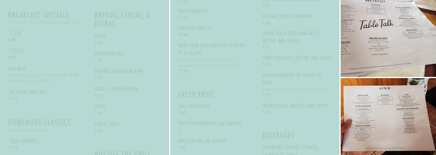 Table Talk Restaurant Menu