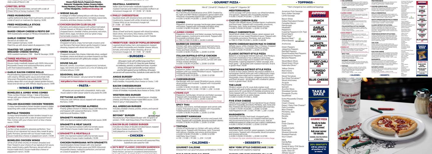 Minsky's Pizza Menu