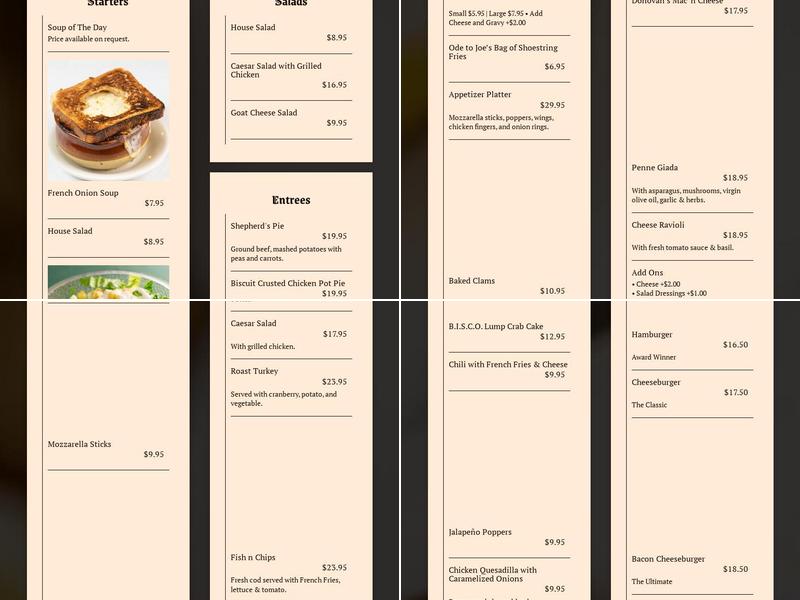 Donovan's Pub Menu