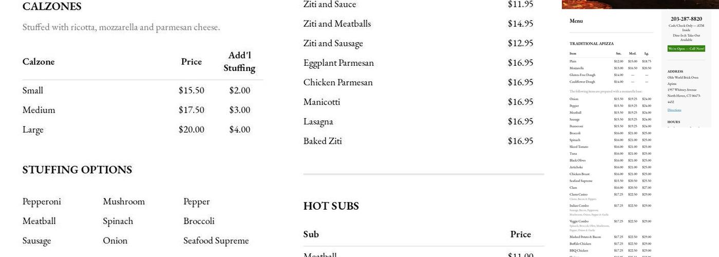 Olde World Apizza Menu