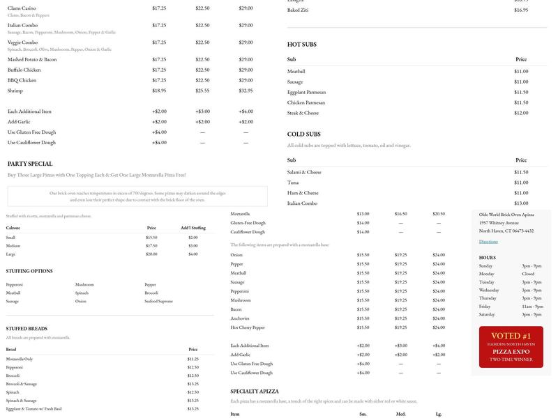 Olde World Apizza Menu