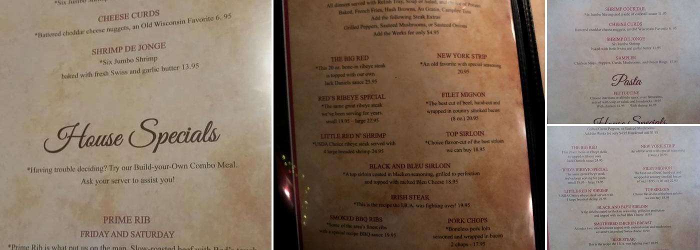 Red's Supper Club Menu
