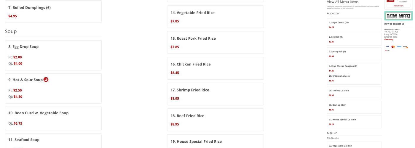 Metro Buffet Menu