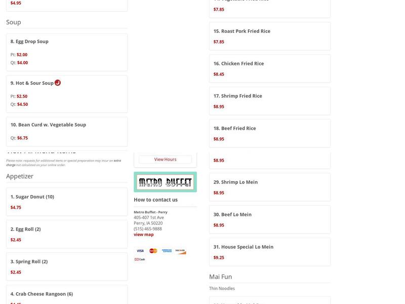 Metro Buffet Menu