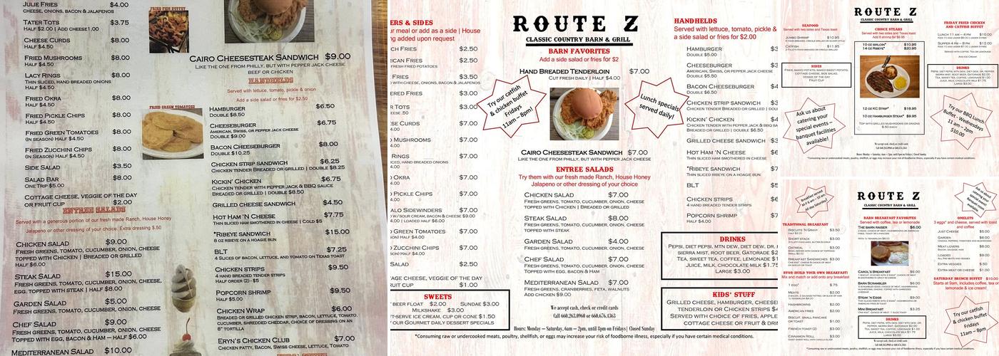 Route Z Classic Country Barn & Grill Menu