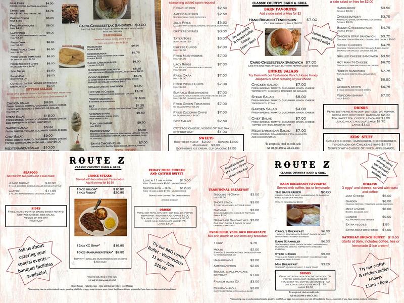 Route Z Classic Country Barn & Grill Menu