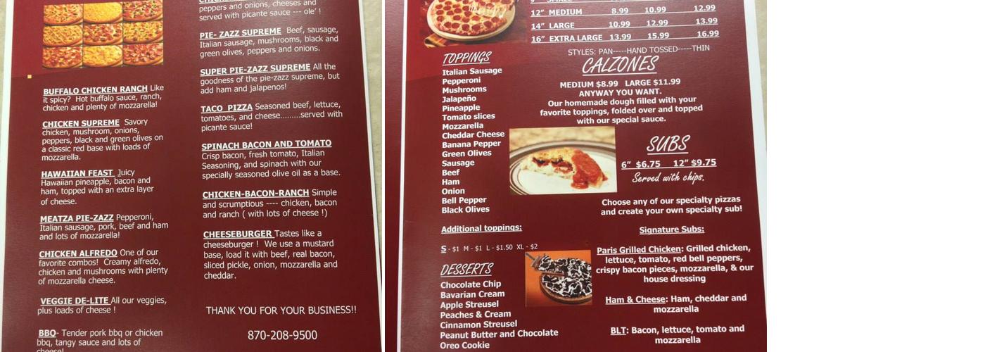 Pizza Pie-Zazz Menu