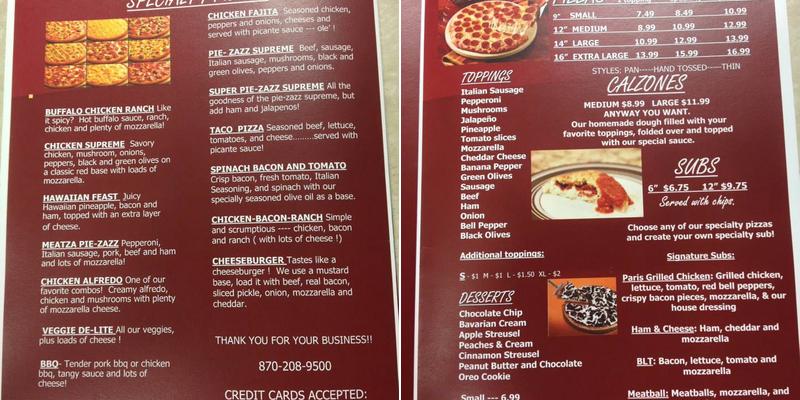 Pizza Pie-Zazz Menu