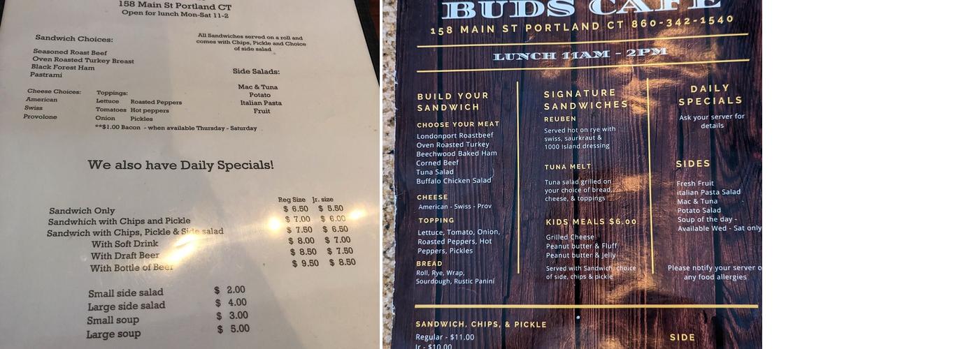 Bud's Cafe Menu