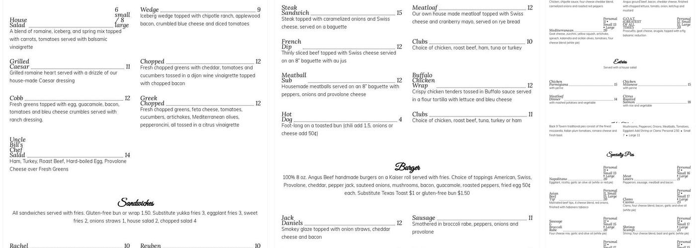 Back Nine Tavern at Southington Country Club Menu