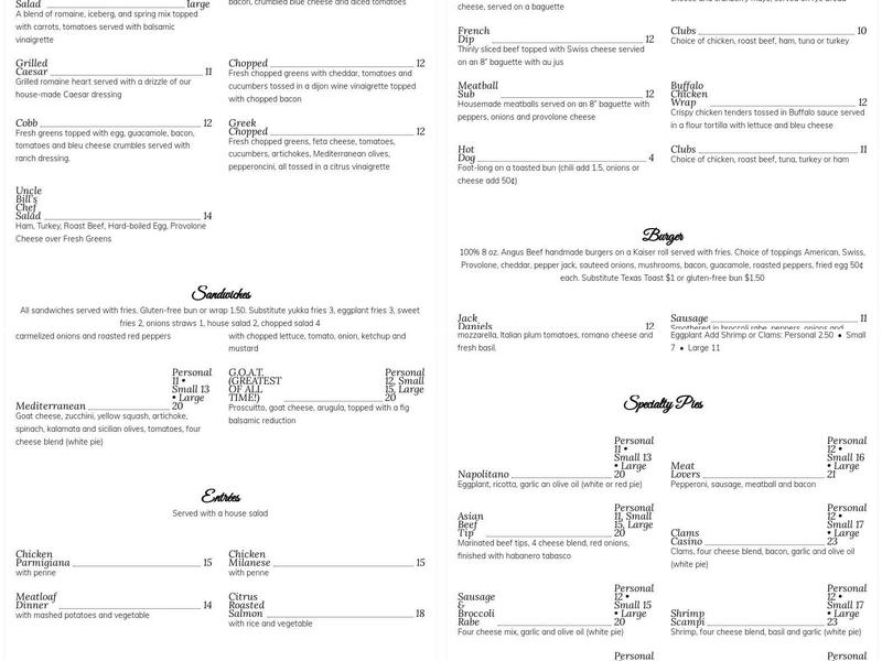 Back Nine Tavern at Southington Country Club Menu