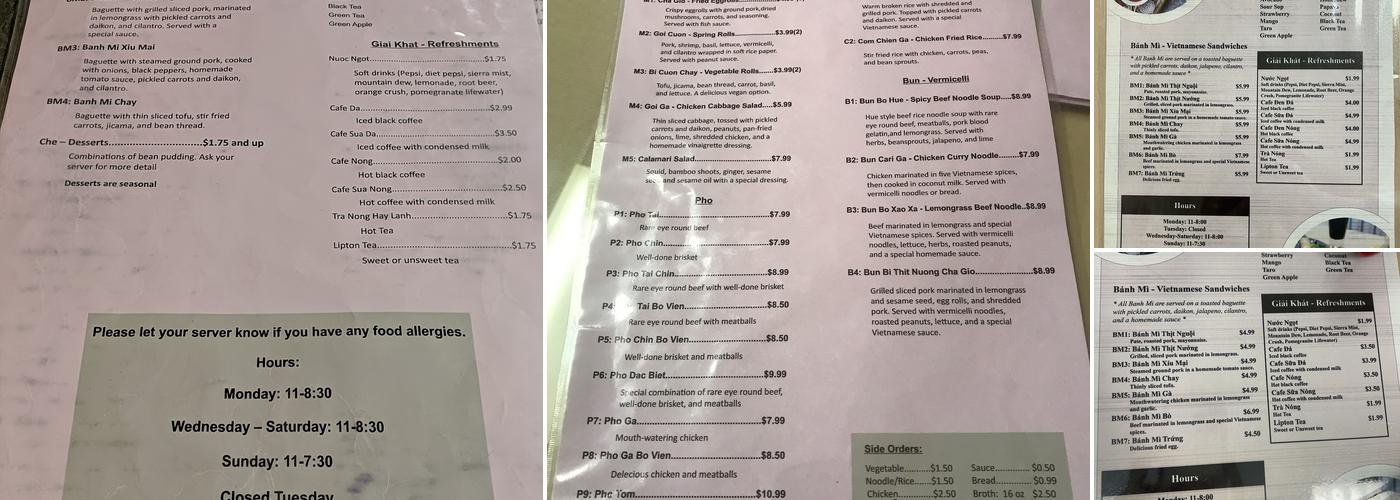 Phở Kim Menu