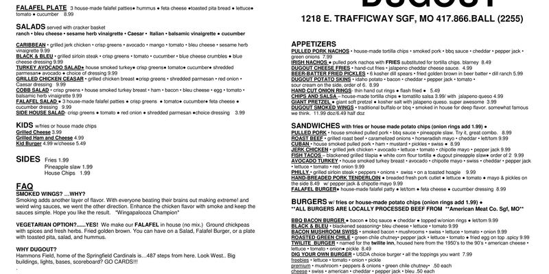 DUGOUT Bar & Grill & Sports & Music Menu