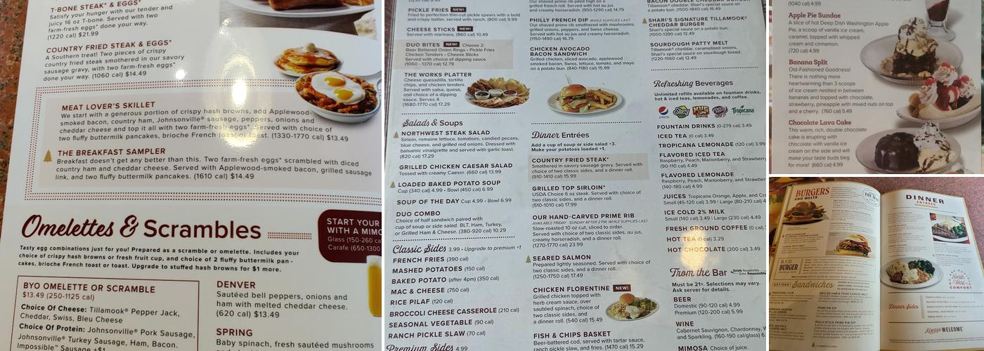 Shari's Cafe and Pies Menu