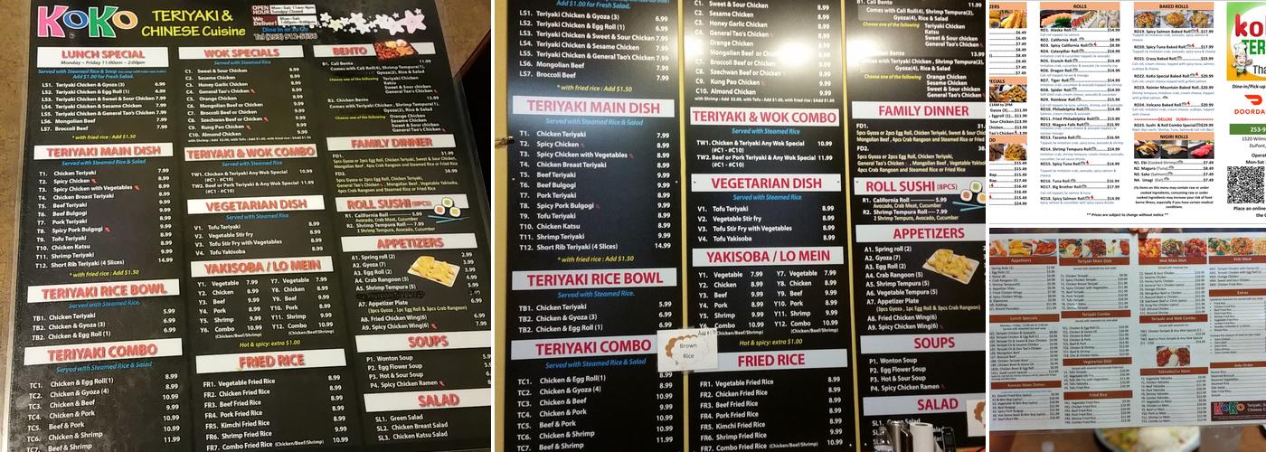 KOKO TERIYAKI Menu