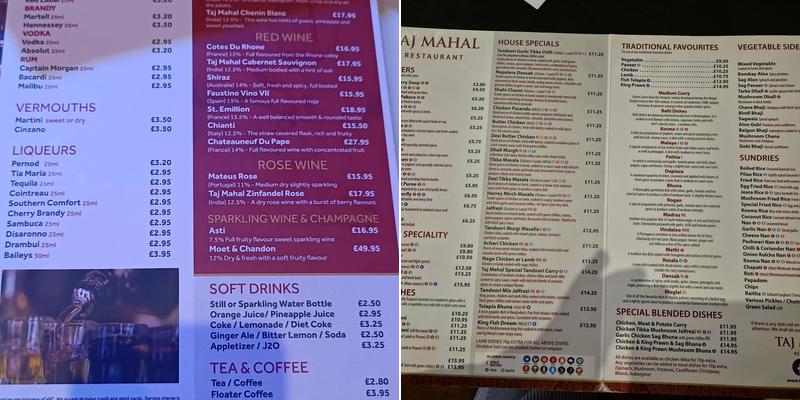 Taj Mahal Restaurant Menu