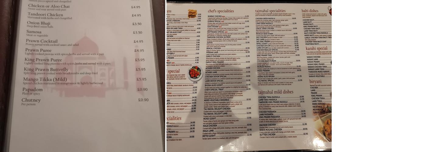 Taj Mahal Restaurant Menu