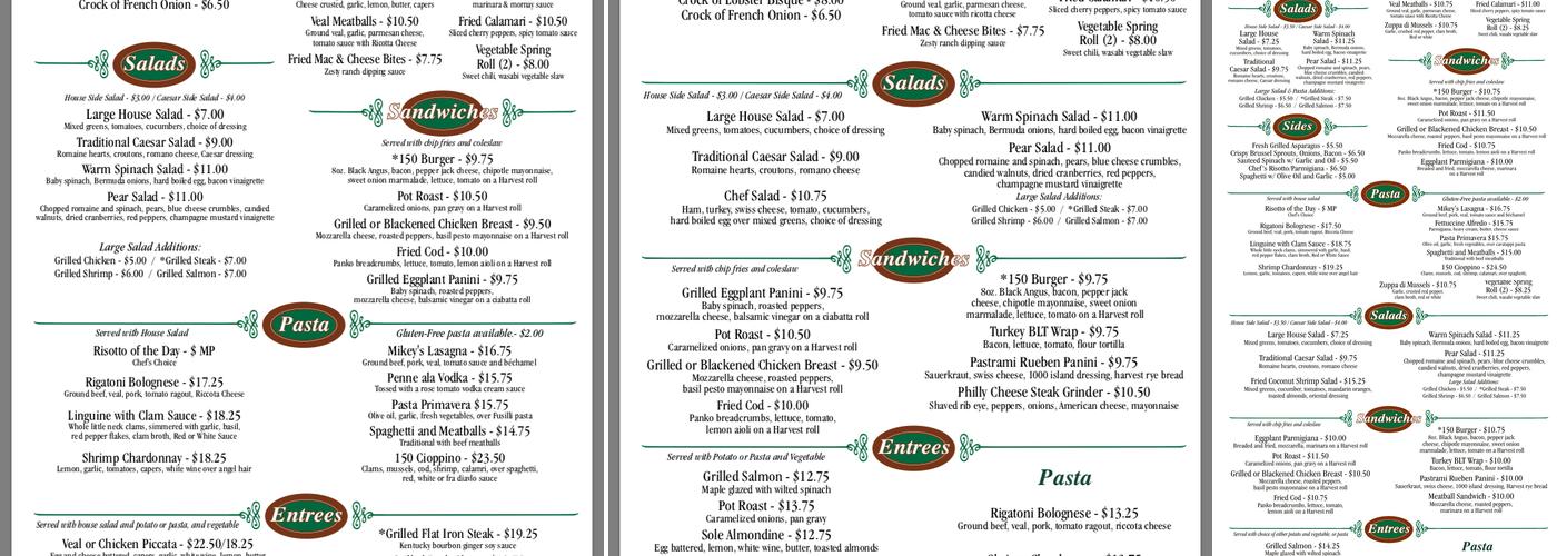 One Fifty Central Menu