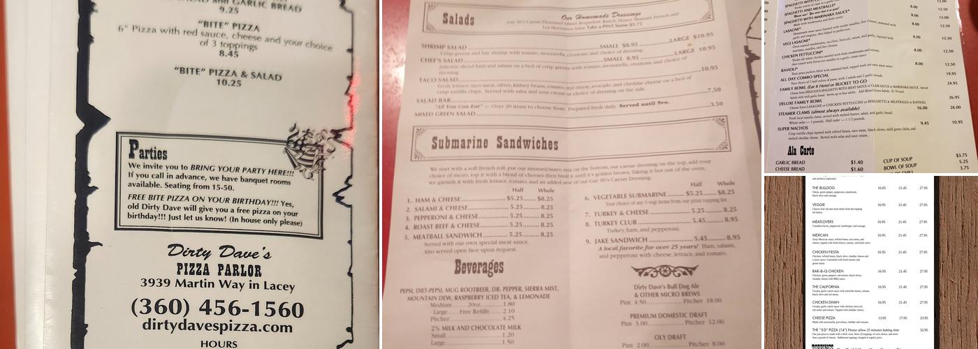 Dirty Dave's Pizza Parlor Menu
