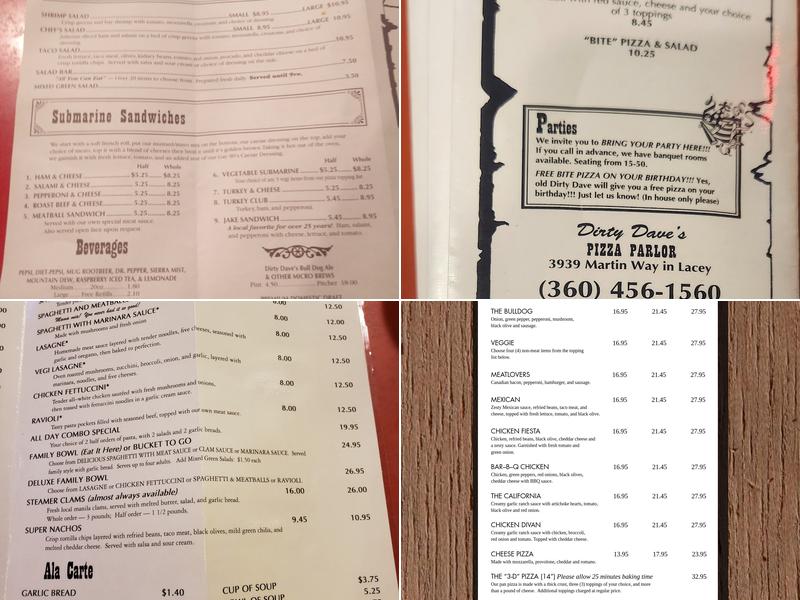 Dirty Dave's Pizza Parlor Menu
