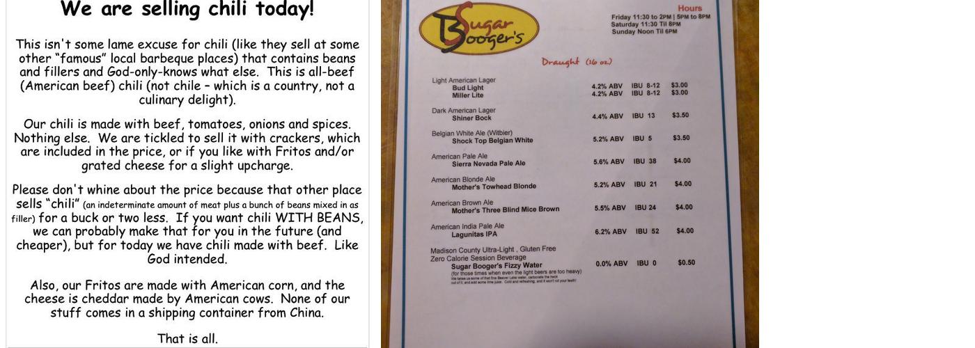 Sugar Booger's Menu