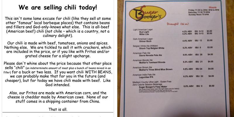 Sugar Booger's Menu