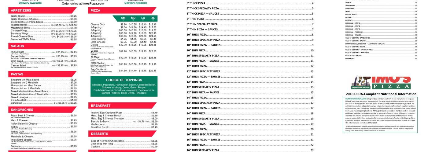 Imo's Pizza Menu