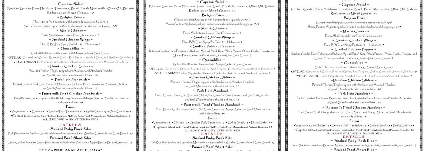 The Sierra Grille Menu