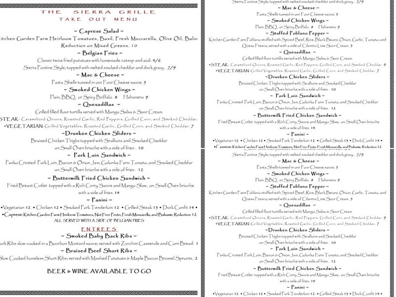 The Sierra Grille Menu