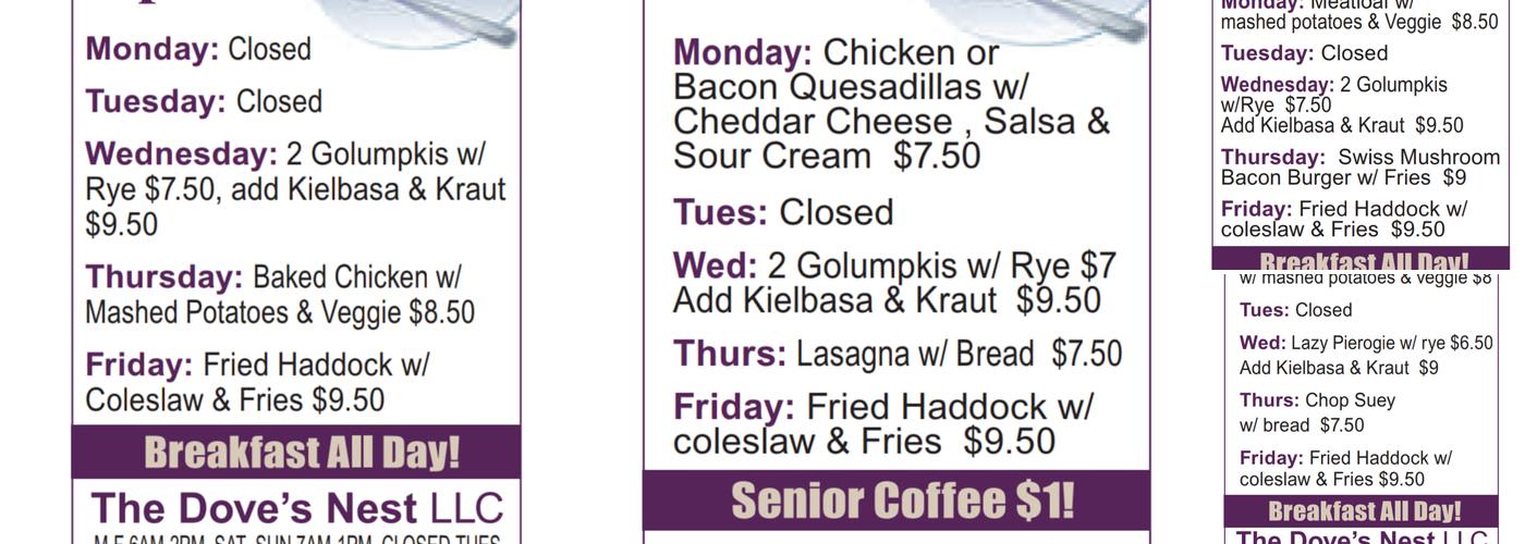 Dove's Nest Restaurant Menu