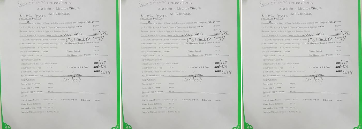 Afton Diner Menu