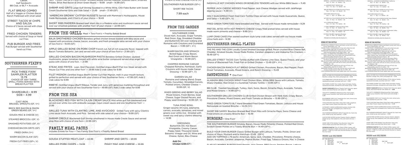The Southerner Menu