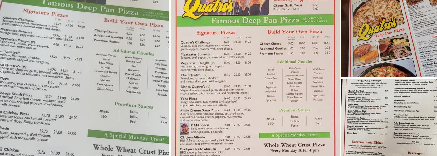 Quatro's Deep Pan Pizza Menu