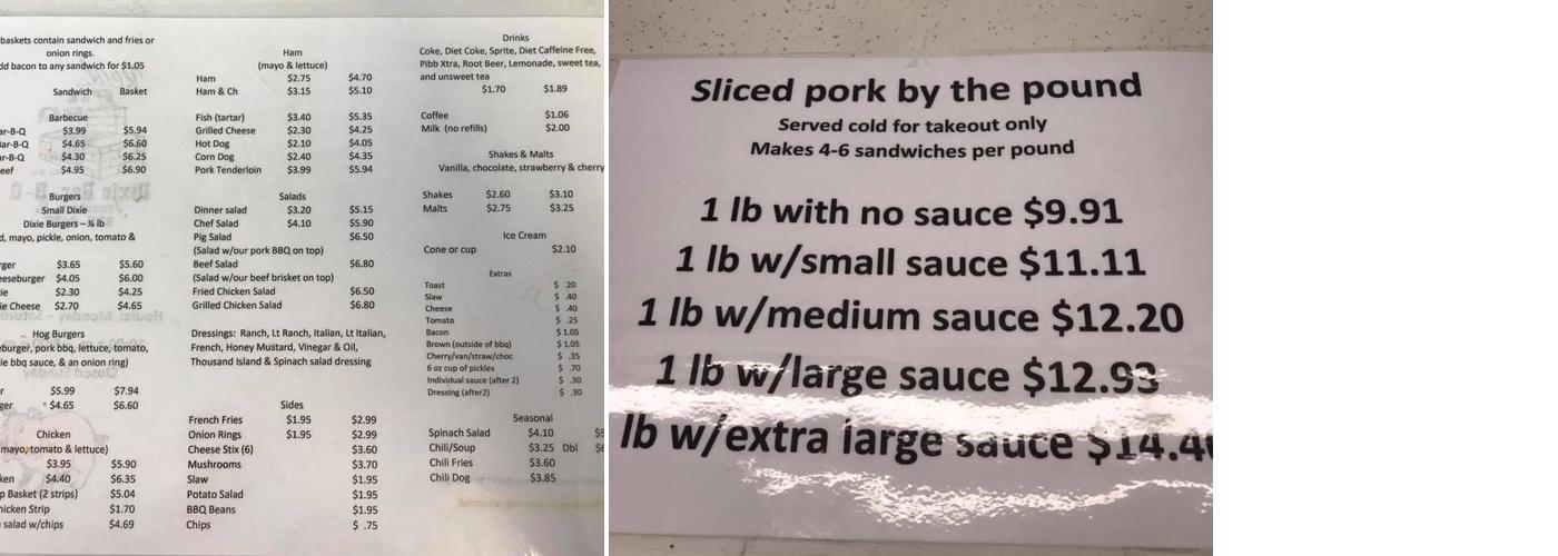 Dixie Barbecue Menu