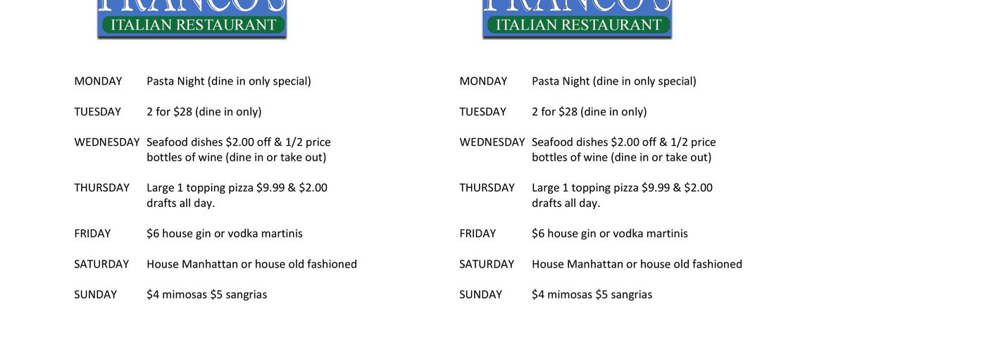Franco's Italian Restaurant Menu